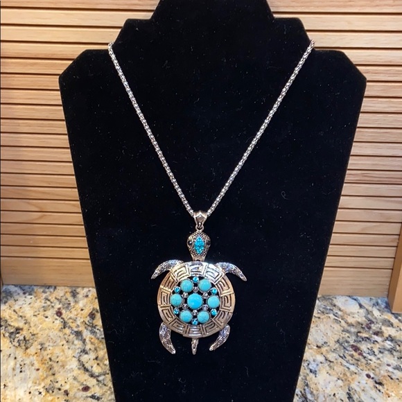 Vintage Jewelry - Vtg Silver & turquoise w blue rhinestone turtle GC
